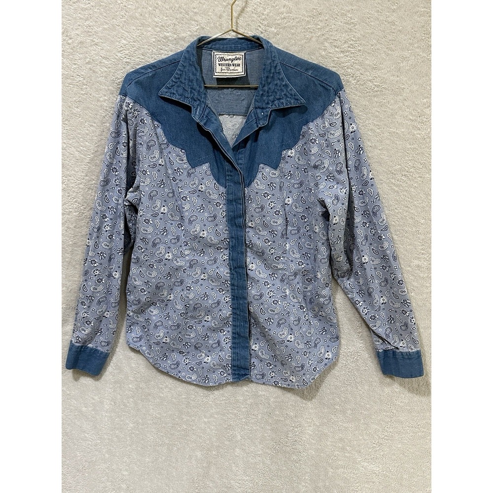 Vintage Wrangler Western Wear Women's Button Up Denim Shirt Paisley 4H Country